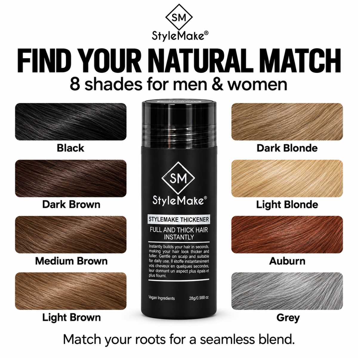 StyleMake Thickener 28g hair fibre concealer bottle surrounded by eight textured hair-color swatches labelled Black, Dark Brown, Medium Brown, Light Brown, Dark Blonde, Light Blonde, Auburn and Grey. The shade chart encourages men and women to match their roots for a seamless blend. A color-selection guide for shoppers comparing the best hair fibers for natural-looking thinning-hair coverage.