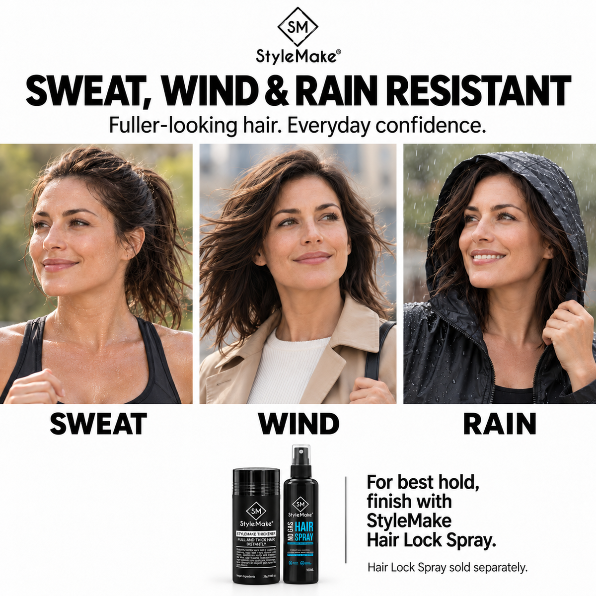 StyleMake Thickener hair fiber lifestyle thumbnail showing a woman with perspiration after exercise, her hair moving in a breeze, and wearing a hood outdoors in rain. Three photographs labelled Sweat, Wind and Rain highlight everyday resistance and fuller-looking hair. StyleMake Thickener and Hair Lock Spray bottles appear below, with a recommendation to finish with Hair Lock Spray for best hold. Spray is sold separately.