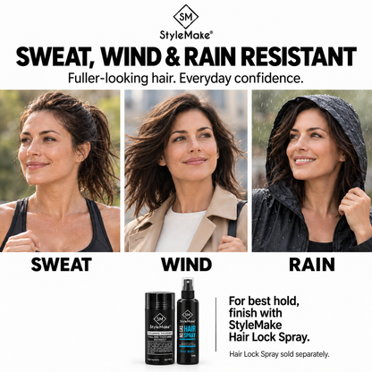 StyleMake Thickener hair fiber lifestyle thumbnail showing a woman with perspiration after exercise, her hair moving in a breeze, and wearing a hood outdoors in rain. Three photographs labelled Sweat, Wind and Rain highlight everyday resistance and fuller-looking hair. StyleMake Thickener and Hair Lock Spray bottles appear below, with a recommendation to finish with Hair Lock Spray for best hold. Spray is sold separately.