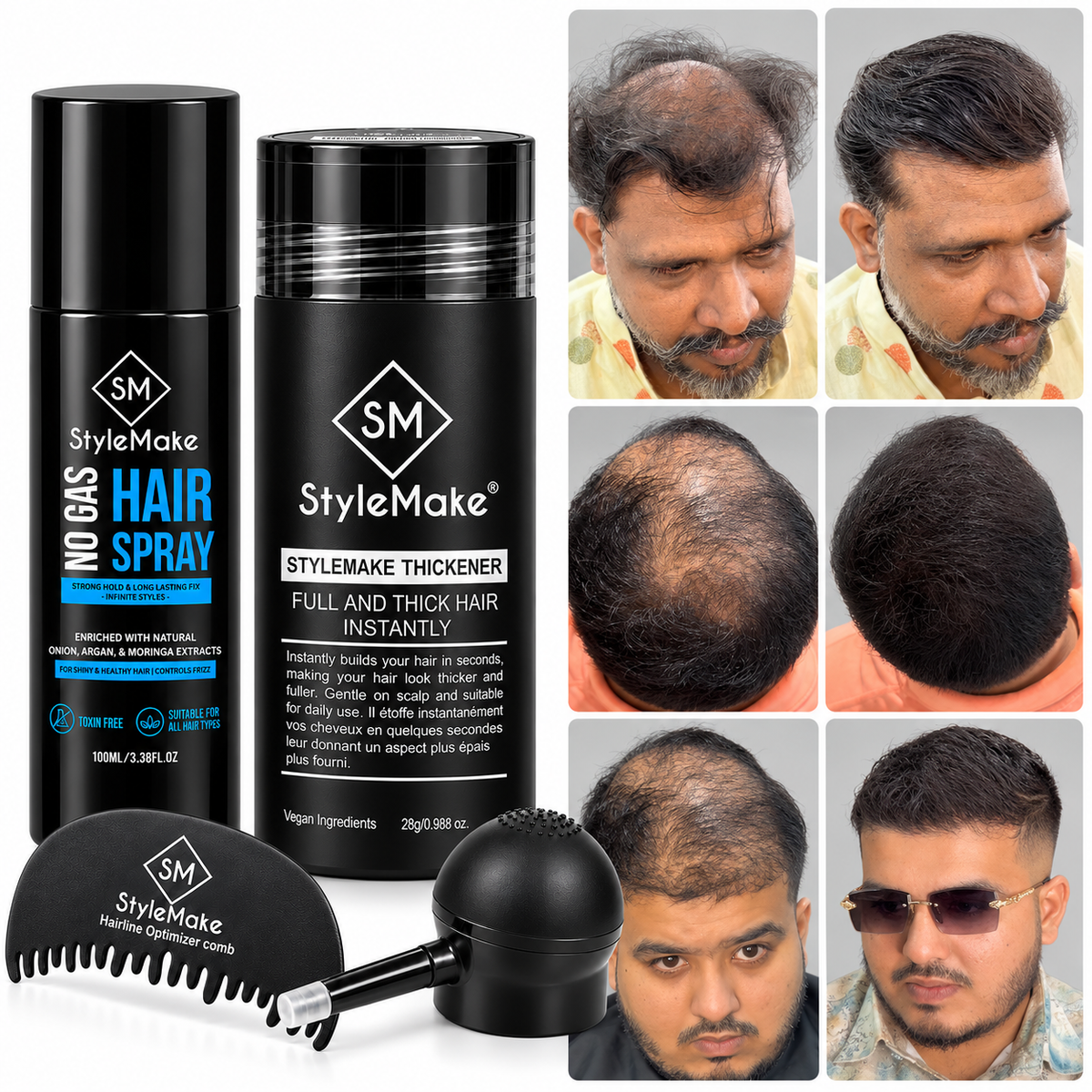 StyleMake Thickener 28g hair fiber and hair fibre concealer for men and women, shown in a coordinated product guide featuring four-step hair building fiber application: start with completely dry hair, sprinkle over thinning areas, pat gently to blend, and finish with StyleMake Hair Lock Spray, sold separately. A magnified illustration shows how plant-based cotton hair building fibres cling to existing dry hair through static electricity for instantly fuller-looking coverage, alongside cotton fibers, iron ox