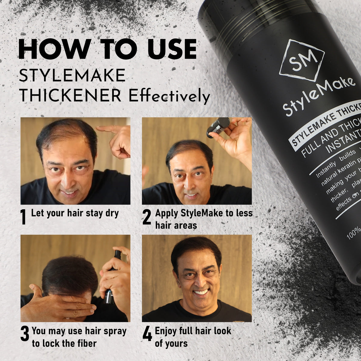 StyleMake Thickener 28g hair fiber application guide showing a woman starting with completely dry hair, sprinkling fibers over her thinning part, gently patting to blend, and finishing with StyleMake Hair Lock Spray. Four numbered photographs demonstrate hair building fiber application for natural-looking fullness and reduced scalp visibility. Hair Lock Spray is sold separately.