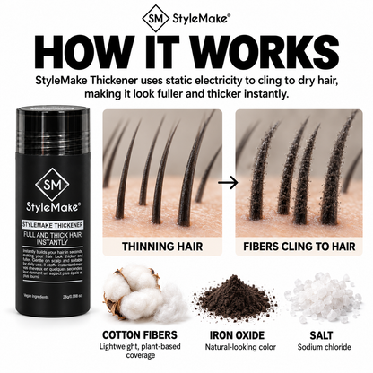 StyleMake Thickener hair building fibres infographic illustrating how fine cotton fibers cling to existing dry hair through static electricity, making strands appear thicker and hair look fuller instantly. Magnified hair illustrations compare uncovered strands with fiber-coated strands. A black 28g StyleMake Thickener bottle appears beside photographs of cotton fibers, iron oxide for natural-looking color, and salt identified as sodium chloride.